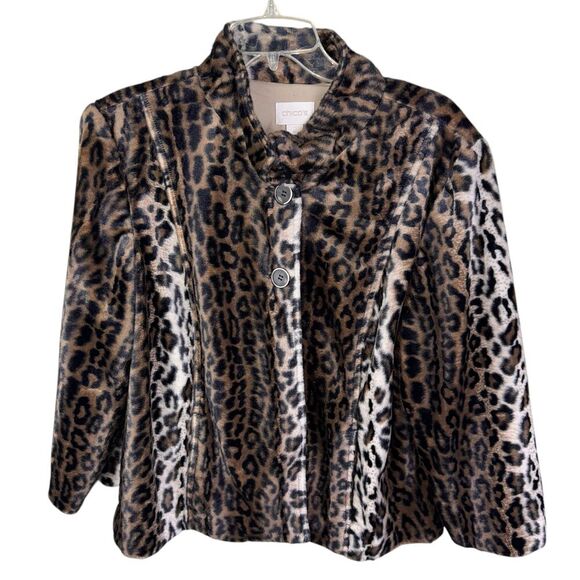 Chico's Jackets & Blazers - Chico's Faux Fur Swing Coat Jacket Leopard High Neck Big Button Size 2 Large